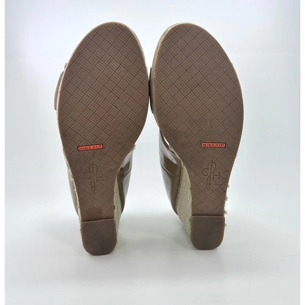 Cole Haan Air Donella 8.5B Tan Patent Leather Open Toe Wedge Booties Y2K Casual